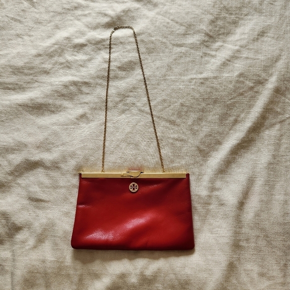 Tory Burch Vinathe Red Leather Coin Style Gold Chain Bag - Picture 1 of 9